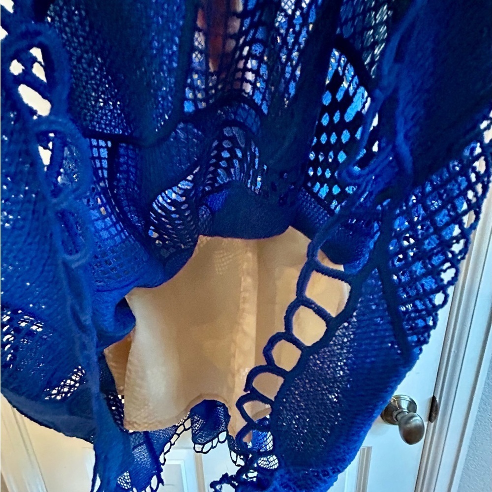 Zoe & Sam Royal Blue Battenberg Style Cut Out Lace Midi Statement Dress Size L - Picture 7 of 12